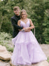 A Line Purple V Neck Tulle Ruffles Prom Dress LBQ4185
